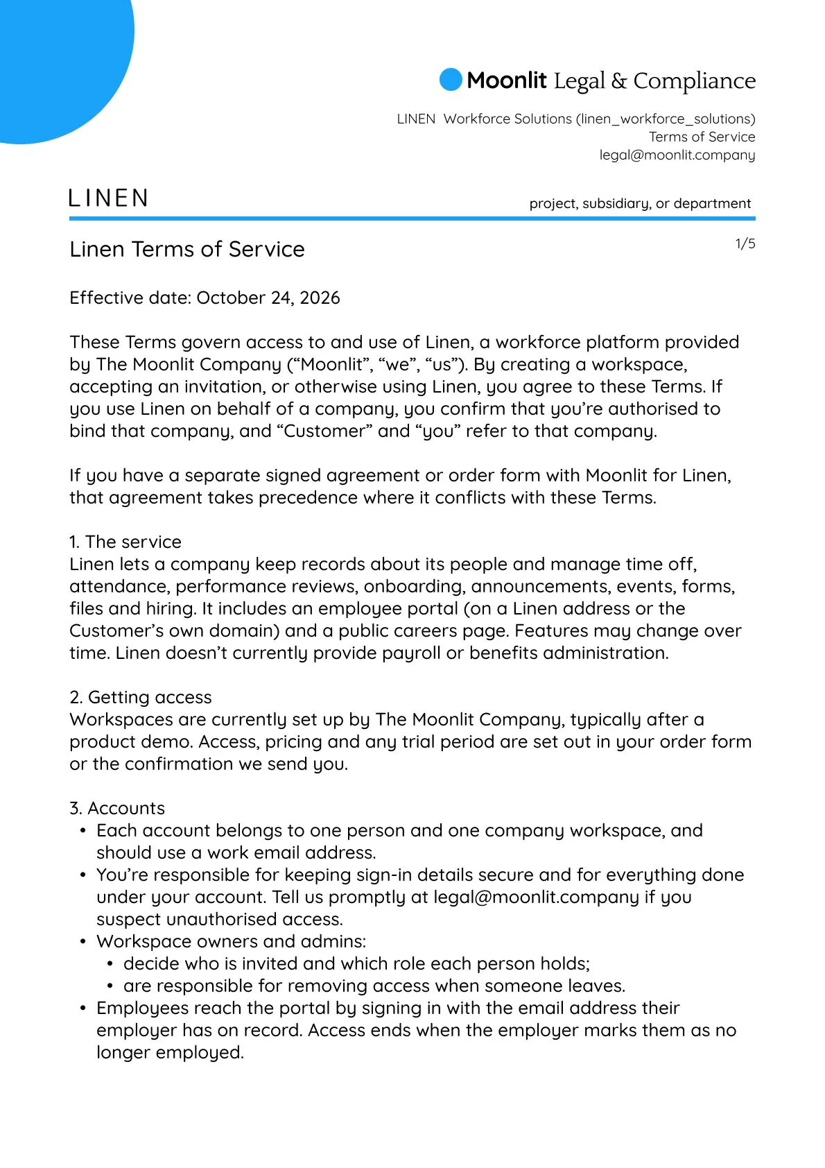 LINEN Workforce Solutions Terms of Service  Image description